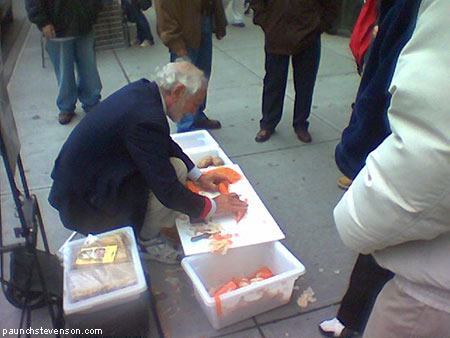 old British street vendor Joe Ades selling peelers in NYC